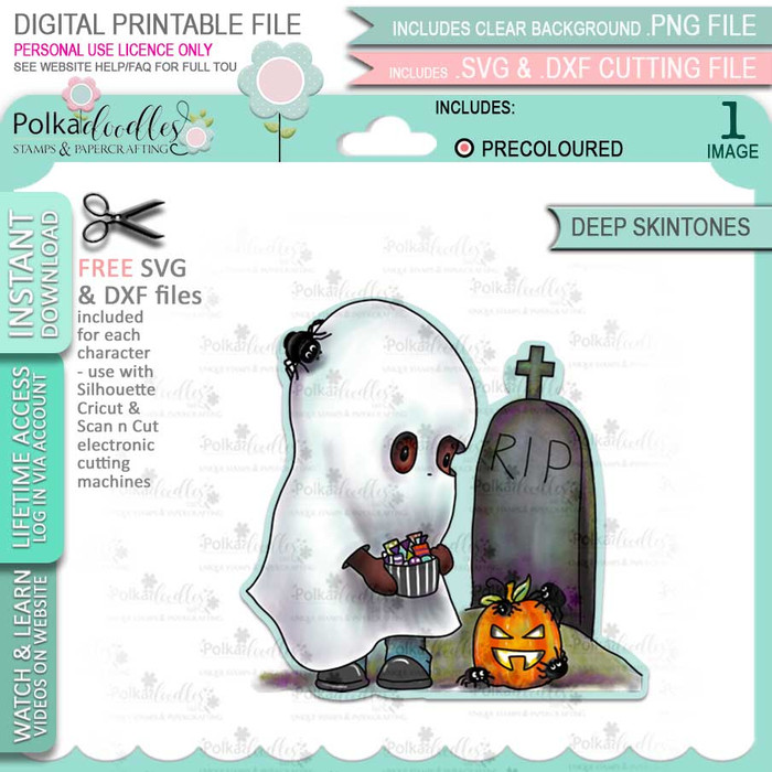 Boo Halloween Ghost (precolored deep skintones)- printable digital stamp download with free SVG /DXF files