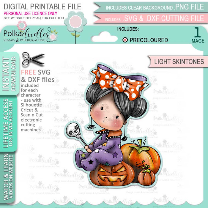 Pumpkin Girl Boo Halloween (precolored light skintones)- printable digital stamp download with free SVG /DXF files
