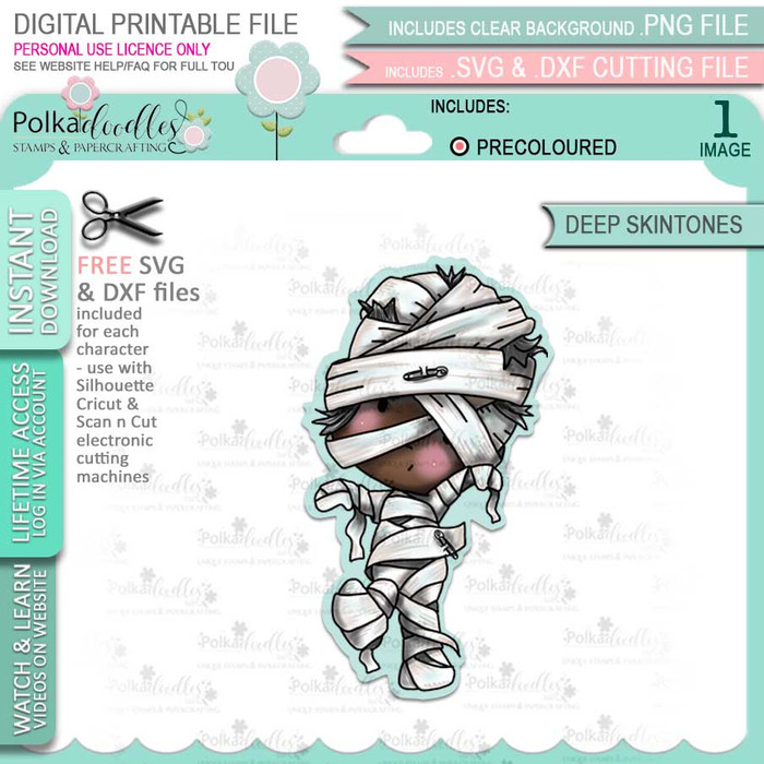 Mummy Boo Halloween (precolored deep skintones)- printable digital stamp download with free SVG /DXF file