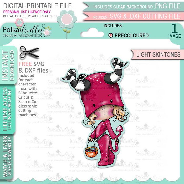Cute Little Devil Boo Halloween (precolored light skintones)- printable digital stamp download with free SVG /DXF files