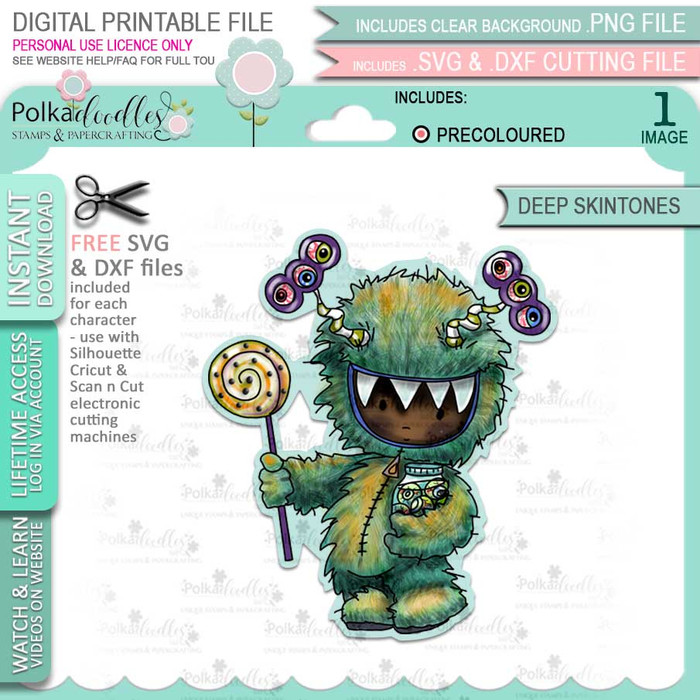 Monster Halloween (precolored deep skintones)- printable digital stamp download with free SVG /DXF files