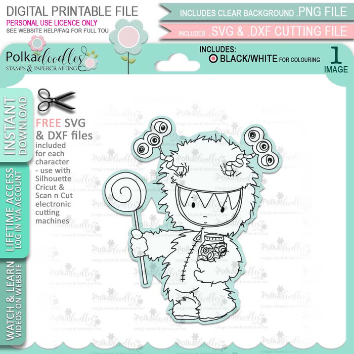 Monster Boo Halloween - printable digital stamp download with free SVG /DXF files