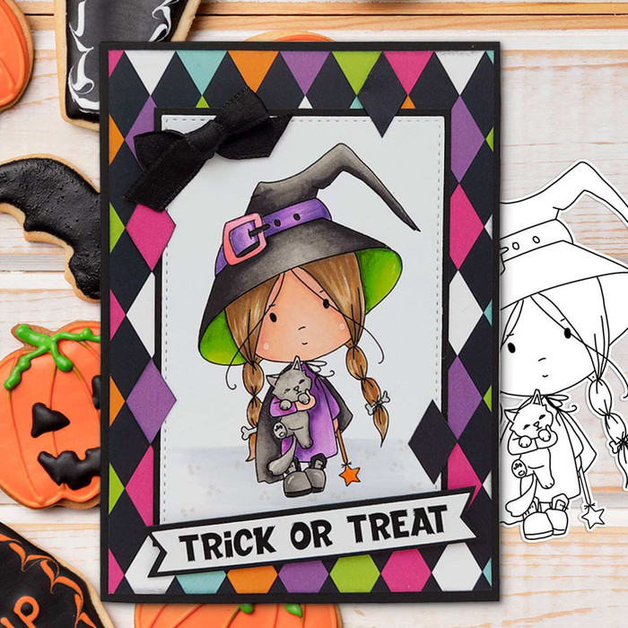 Little Witch Halloween (precolored deep skintones)- printable digital stamp download with free SVG /DXF files