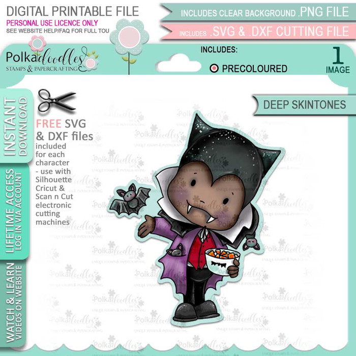 Dracula Halloween (precolored deep skintones)- printable digital stamp download with free SVG /DXF files