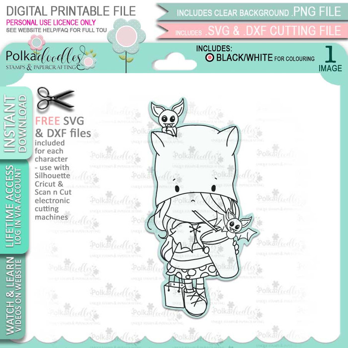 Bat Girl Boo Halloween - printable digital stamp download with free SVG /DXF files