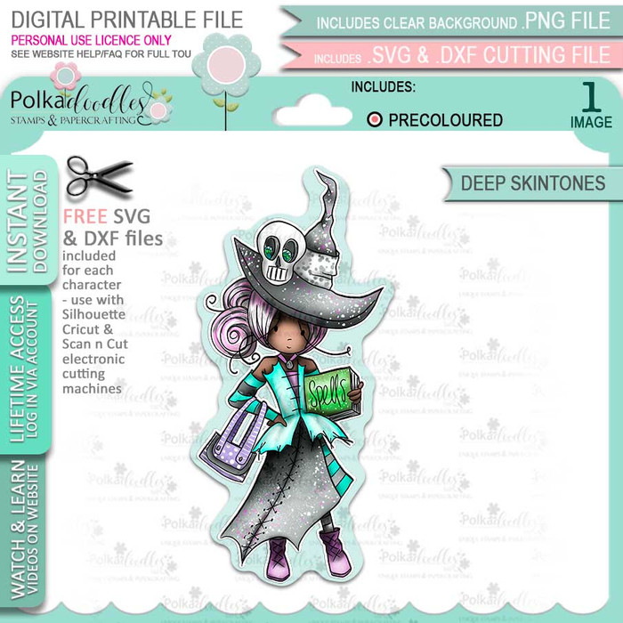 Ravella Witch cute Halloween (precolored deep skintones)- printable digital stamp download with free SVG /DXF files