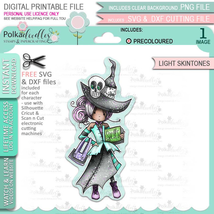 Ravella Witch Halloween (precolored light skintones)- printable digital stamp download with free SVG /DXF files