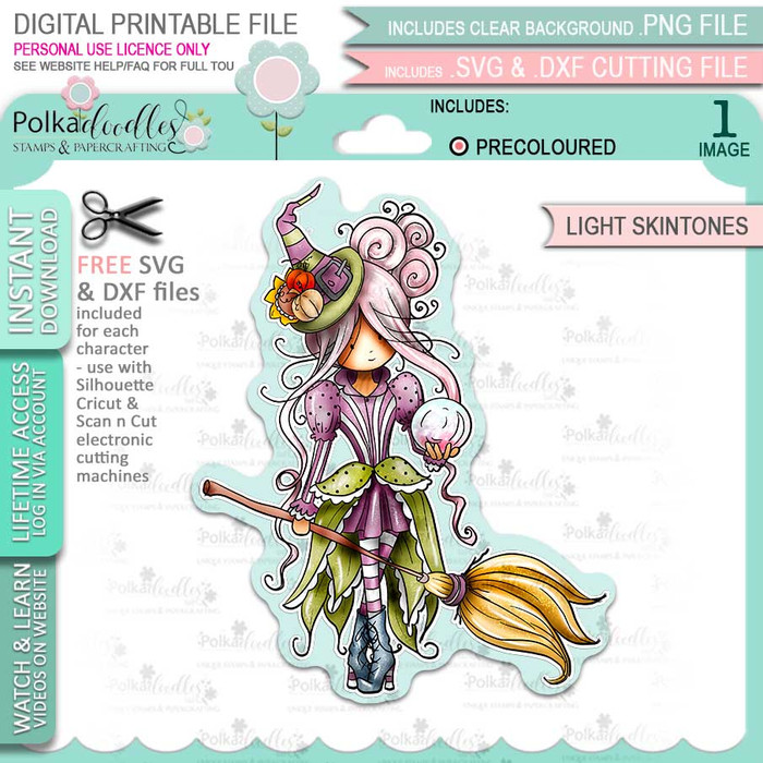 Isadora Witch Halloween (precolored light skintones)- printable digital stamp download with free SVG /DXF files
