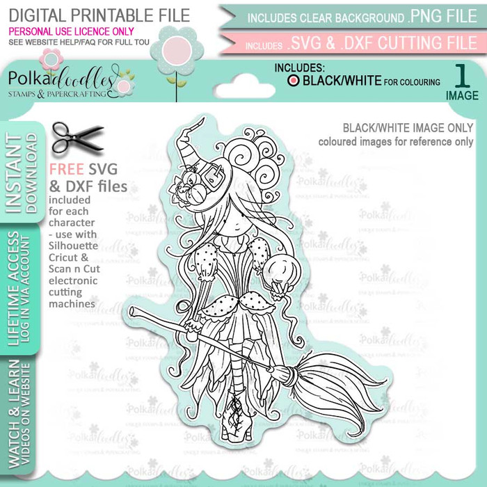 Isadora Witch Halloween - printable digital stamp download with free SVG /DXF files