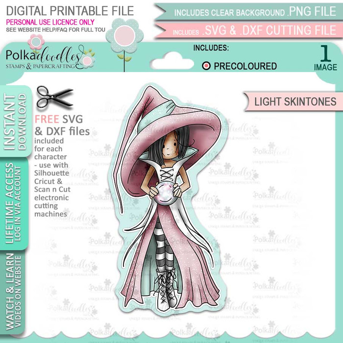 Cordelia Witch Halloween (precolored light skintones)- printable digital stamp download with free SVG /DXF files