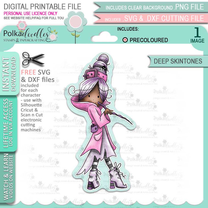 Pandora Witch cute Halloween (precolored deep skintones)- printable digital stamp download with free SVG /DXF files