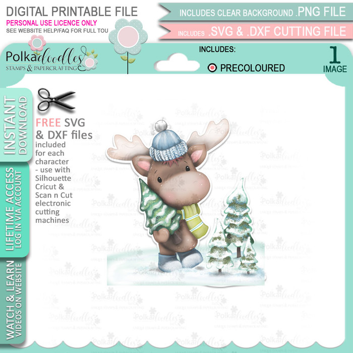 Choosing the Tree (precoloured) Elvis Wesley Moose - printable craft digital stamp download with free SVG /DXF files
