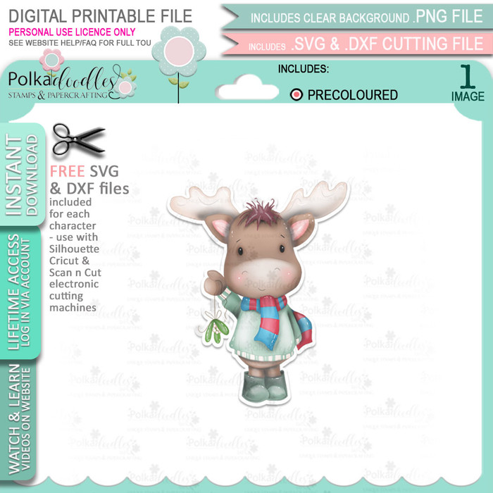 Mistletoe Hello (precoloured) Elvis Wesley Moose - printable craft digital stamp download with free SVG /DXF files