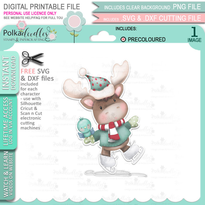 Slip & Slide Ice Skating (precoloured) Elvis Wesley Moose - printable craft digital stamp download with free SVG /DXF files