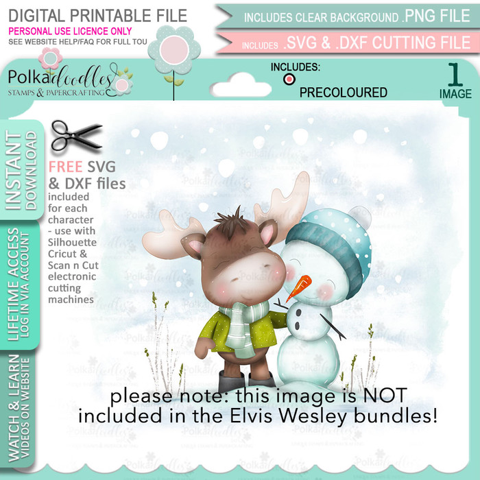 Snowman (precoloured) Elvis Wesley Moose - printable craft digital stamp download with free SVG /DXF files
