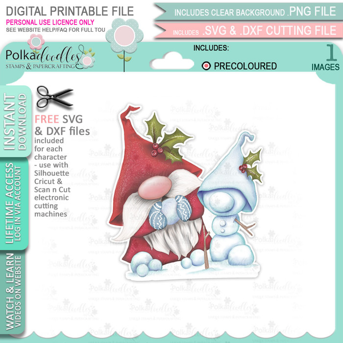 Snowman (precoloured) Gnome Festive Fun - printable craft digital stamp download with free SVG /DXF files
