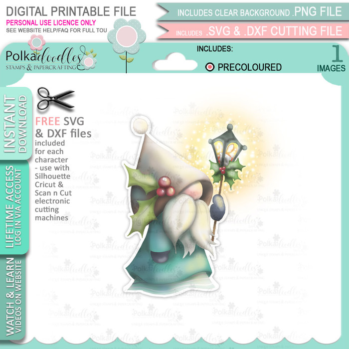 Lantern (precoloured) Gnome Festive Fun - printable craft digital stamp download with free SVG /DXF files