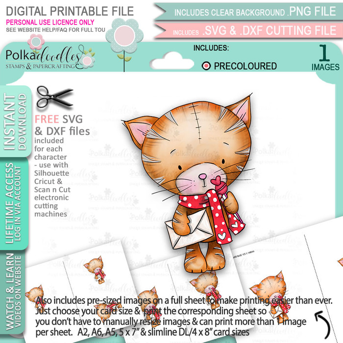 Suki Cat/Kitten with Mail & Lollipop (precoloured 1) - Too Cute printable craft digital stamp download with free SVG /DXF files