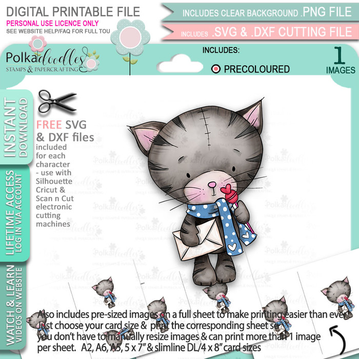 Suki Cat/Kitten with Mail & Lollipop (precoloured 2) - Too Cute printable craft digital stamp download with free SVG /DXF files
