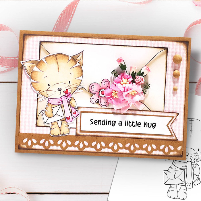 Suki Cat/Kitten with Mail & Lollipop (precoloured 3) - Too Cute printable craft digital stamp download with free SVG /DXF files