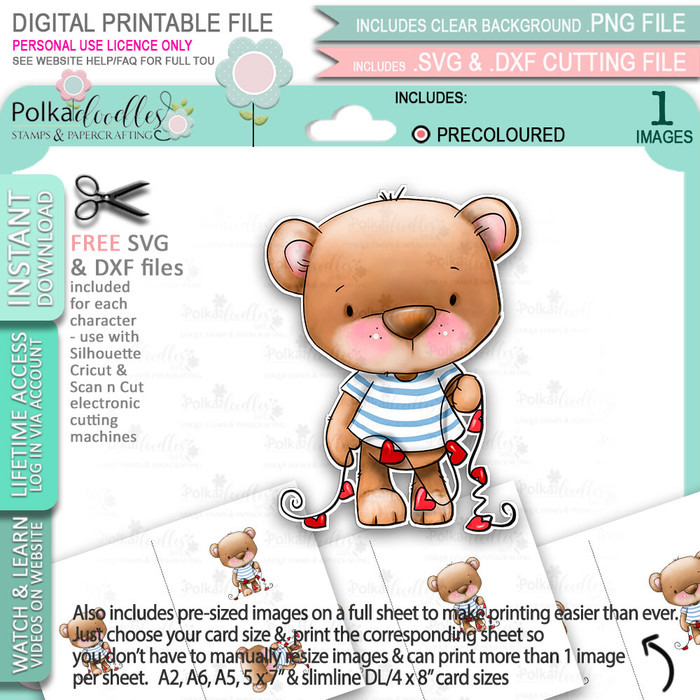 Bobby Bear with Heart Bunting (precoloured ) - Too Cute printable craft digital stamp download with free SVG /DXF files
