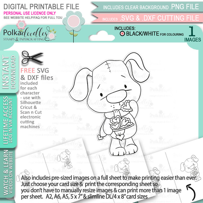 Scruff dog puppy with Heart Cookies - Too Cute printable craft digital stamp download with free SVG /DXF files