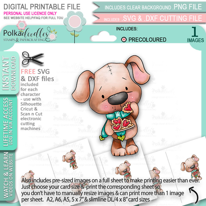 Scruff Dog with Heart Cookies (precoloured 1 ) - Too Cute printable craft digital stamp download with free SVG /DXF files