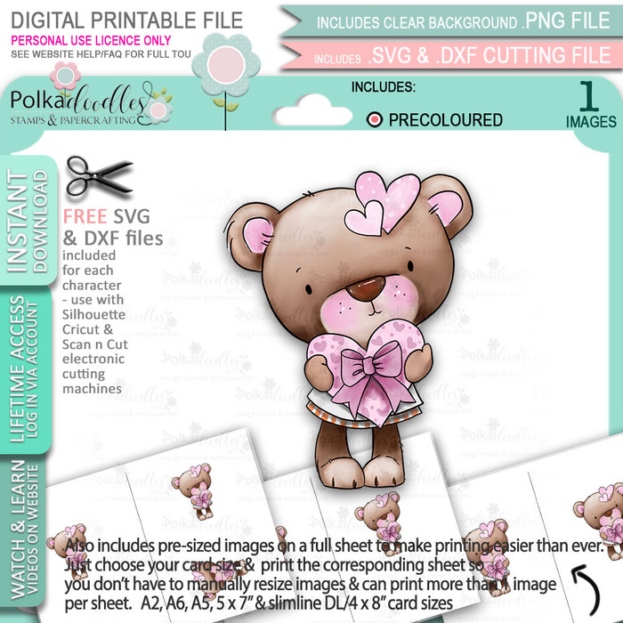 Bella Bear with Heart Gift (precoloured) - Too Cute printable craft digital stamp download with free SVG /DXF files