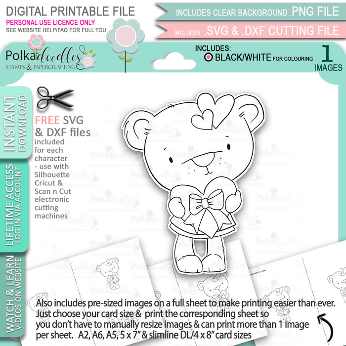Bella Bear with Heart gift - Too Cute printable craft digital stamp download with free SVG /DXF files