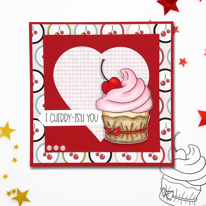 Cherry Cream Cupcake - printable craft digital stamp download with free SVG /DXF files card idea