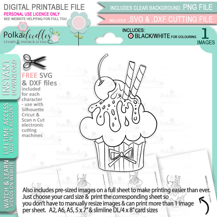 Cherry Chocolate Sundae Cupcake - printable craft digital stamp download with free SVG /DXF files