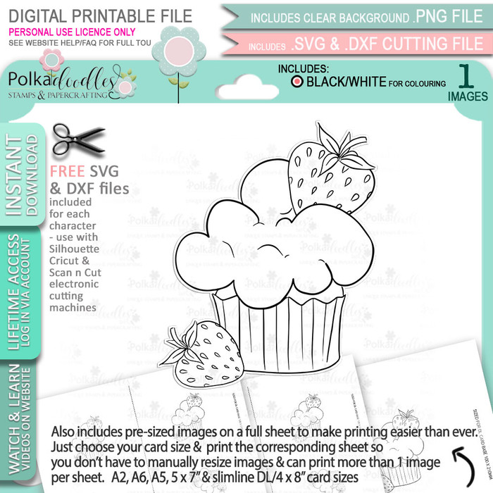 Strawberry Cream Cupcake - printable craft digital stamp download with free SVG /DXF files