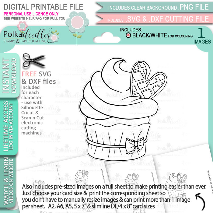Waffle Cream Cupcake - printable craft digital stamp download with free SVG /DXF files