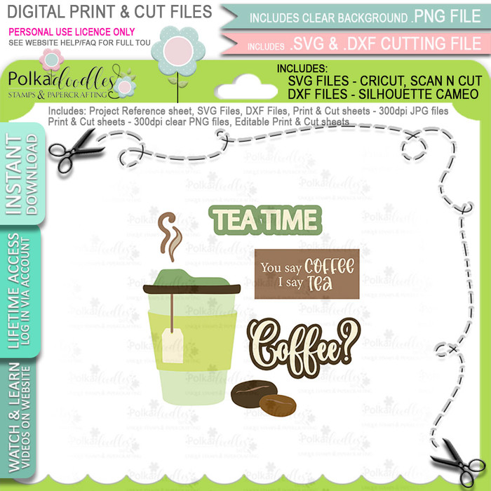 Tea and Coffee SVG & DXF Print & Cut Files - printable download bundle