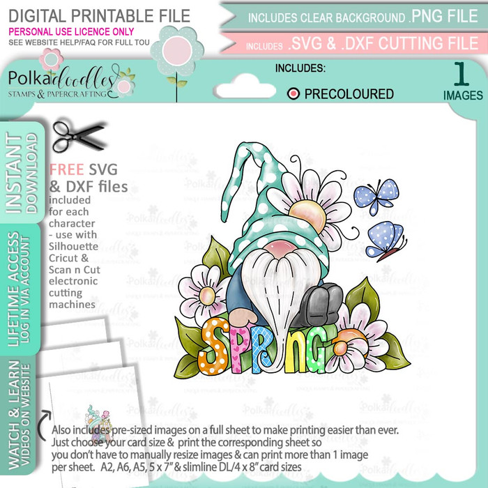 Spring Daisy Gnome (precoloured) - printable craft digital stamp download with free SVG /DXF files
