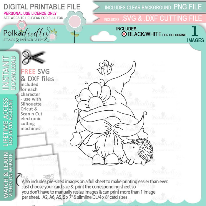 Spring Hedgehog Gnome - printable cardmaking digital stamp download with free SVG /DXF files