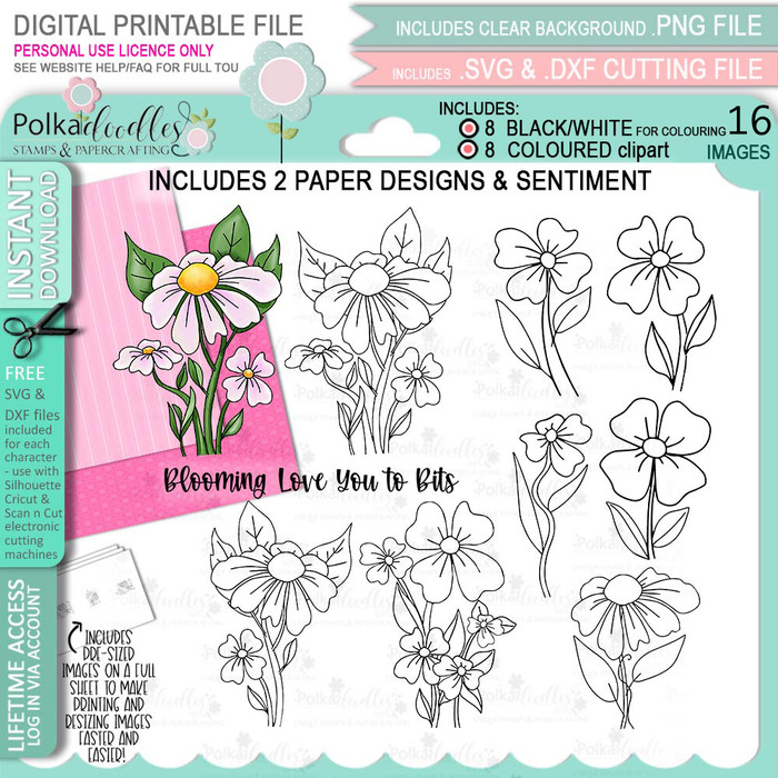 Bloom 1 Flower bundle - digital stamp, digistamp for cards, cardmaking, crafting and stickers