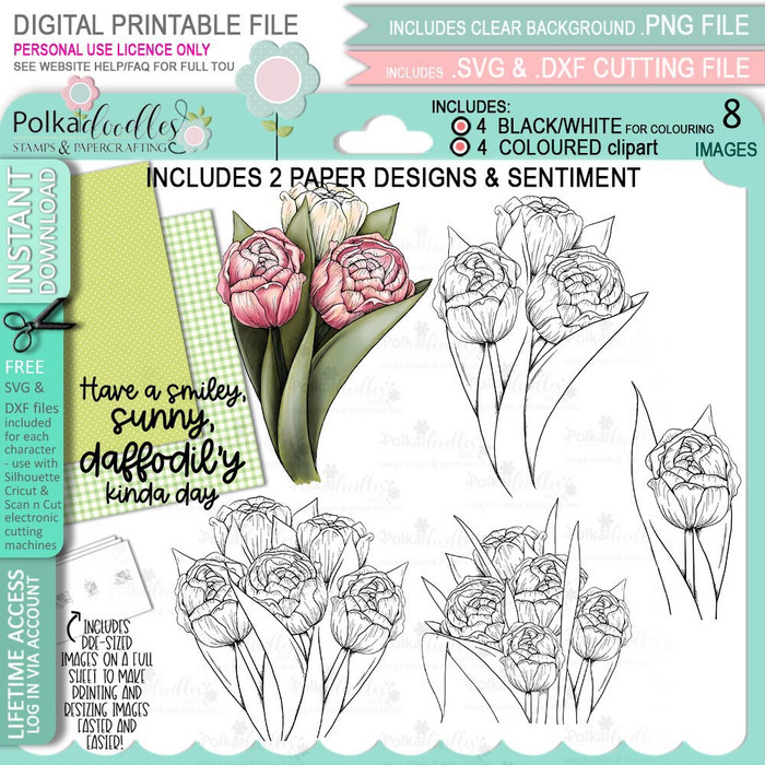 Blooms 5 Tulips Flower bundle - digital stamp, digistamp for cards, cardmaking, crafting and stickers
