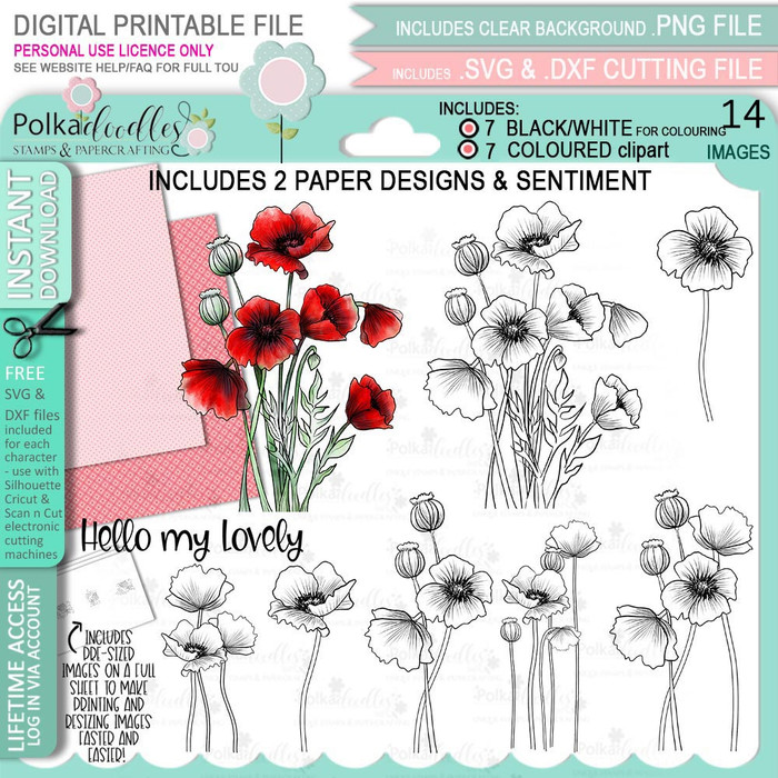 Blooms 6 - Poppy Flower bundle - digital stamp, digistamp for cards, cardmaking, crafting and stickers