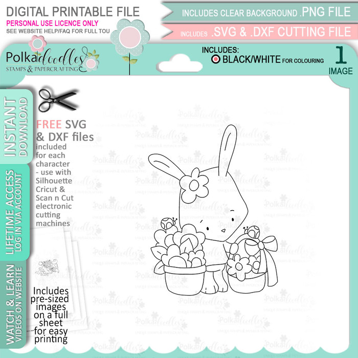 Cute Bunny Rabbit Easter Egg Basket - digital stamp, digistamp for cards, cardmaking, crafting and stickers
