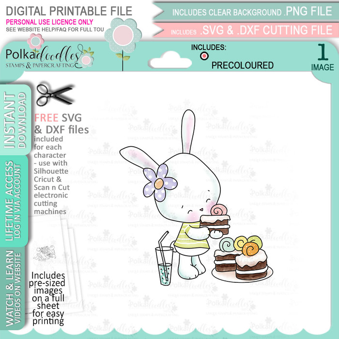 Bunny Rabbit with Easter Cake - COLOUR printable digital stamp, digistamp for cards, cardmaking, crafting and stickers