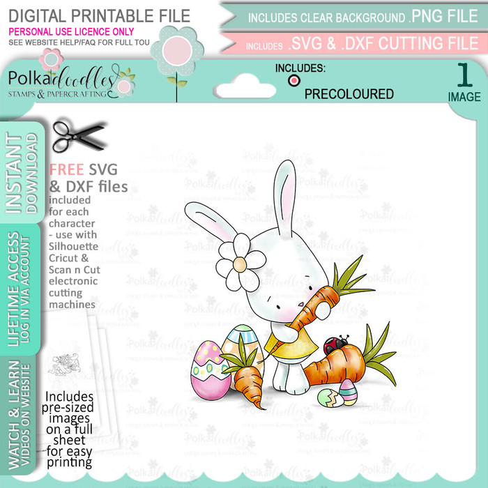 Bunny Rabbit with Spring Carrots - COLOUR Clipart digital stamp, digistamp for cards, cardmaking, crafting and stickers