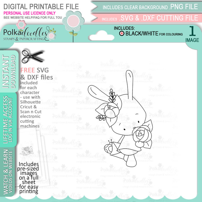 Bunny Rabbit with Roses flowers - digital stamp, digistamp for cards, cardmaking, crafting and stickers