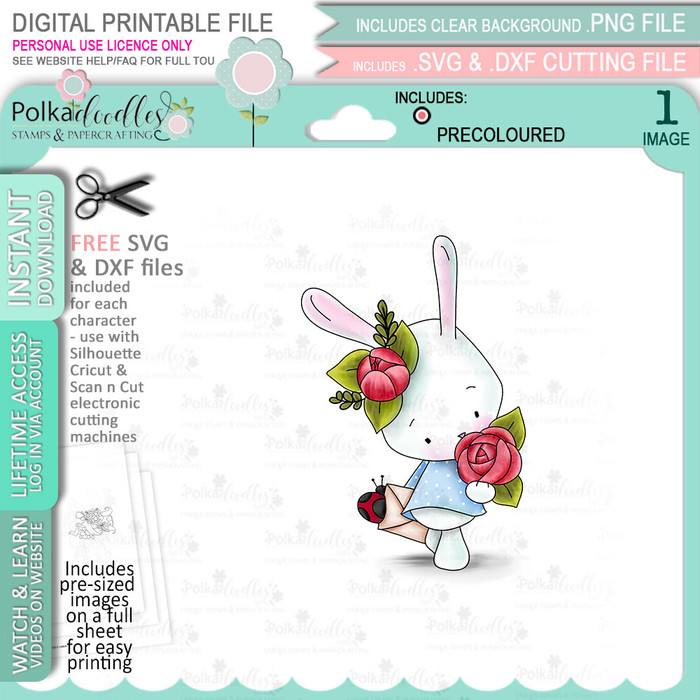 Bunny Rabbit with Roses flowers - COLOUR clipart digital stamp, digistamp for cards, cardmaking, crafting and stickers