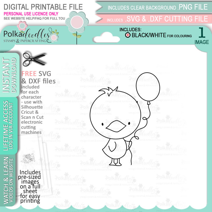 Chick with Balloon - printable clipart digital stamp, digistamp for cards, cardmaking, crafting and stickers