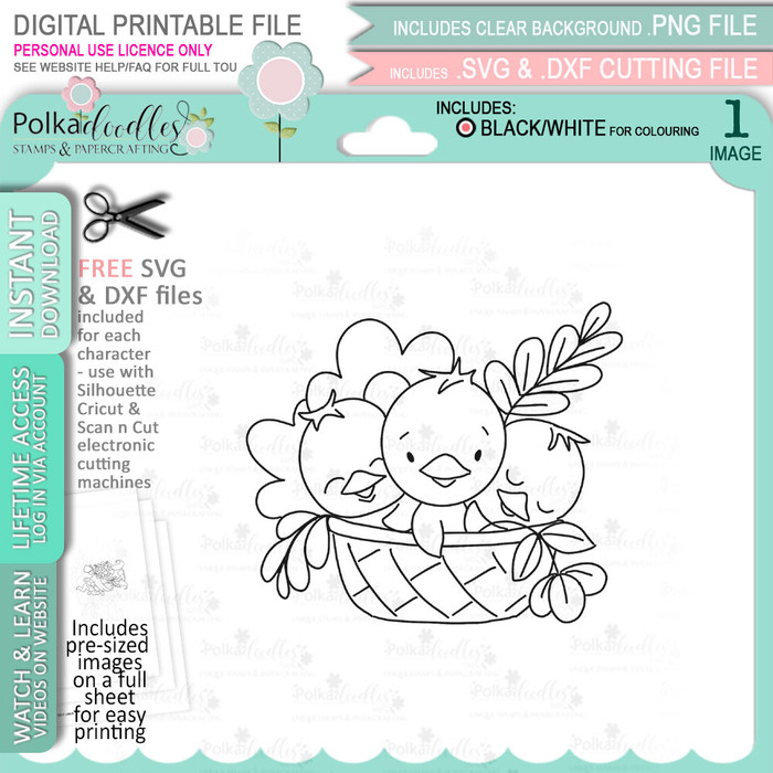 Chicks in a Basket - printable clipart digital stamp, digistamp for cards, cardmaking, crafting and stickers