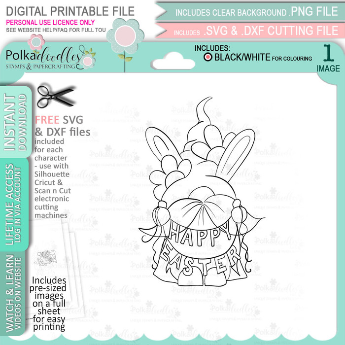A super cute Gnome holding an Easter Banner/sign - a cute digital stamp printable perfect for Spring and Easter cardmaking and crafting!

