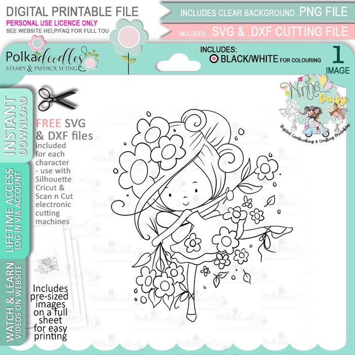 Daisy Dance Flower Fairy - Winnie Daisy Fairy cute girl printable clipart digital stamp, digistamp for cards, cardmaking, crafting and stickers