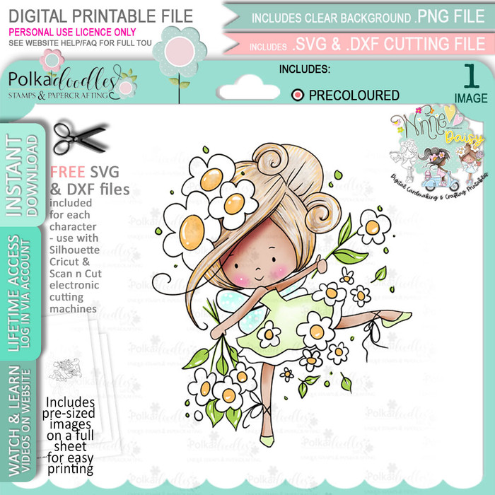 Daisy Dance Flower Fairy - (Colour - LIGHT skintone) Winnie Daisy Fairy cute girl printable clipart digital stamp, digistamp for cards, cardmaking, crafting and stickers