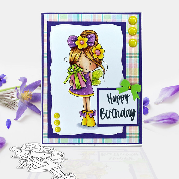 Flower Fairy with Gift/Parcel - Winnie Daisy Fairy cute girl printable clipart digital stamp, digistamp for cards, cardmaking, crafting and stickers